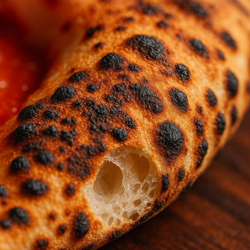 Wood-fired pizza crust with perfect char and crispy exterior