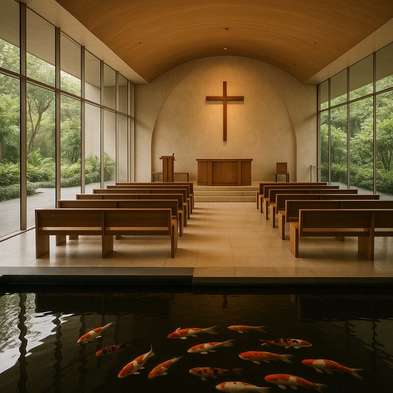 Peaceful Greenbelt Chapel surrounded by green landscaping in Makati