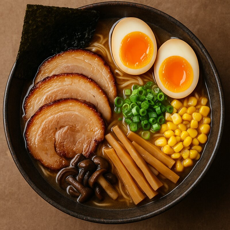 Traditional ramen toppings including chashu, egg, bamboo shoots, and nori