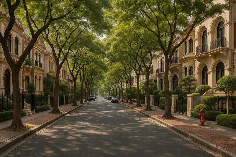 Peaceful tree-lined residential street with leafy canopy