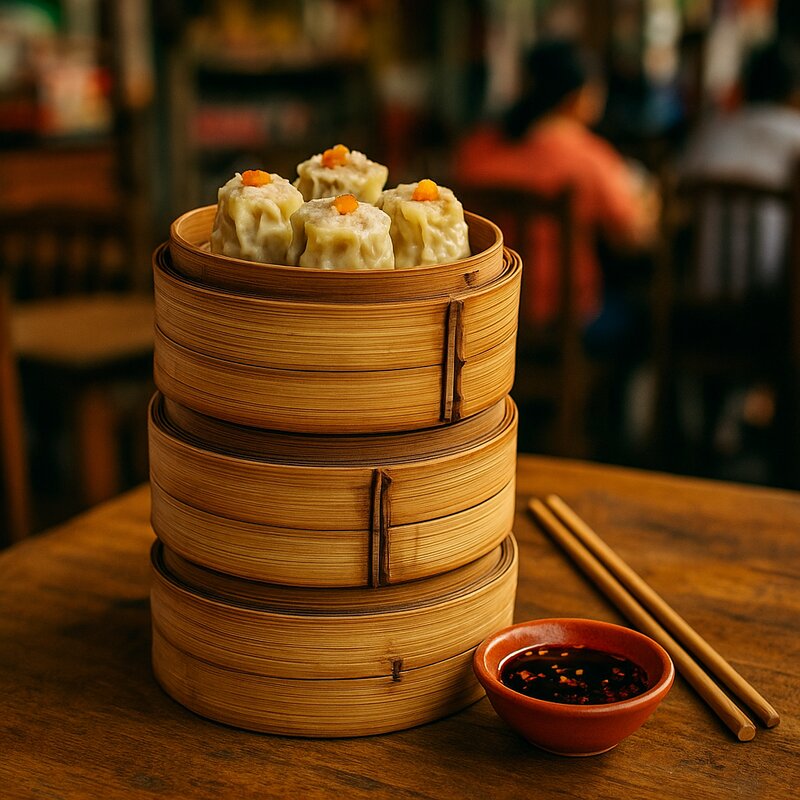 Stack of bamboo steamers with siomai dumplings, chopsticks resting nearby, small bowl of vinegar-chili dipping sauce