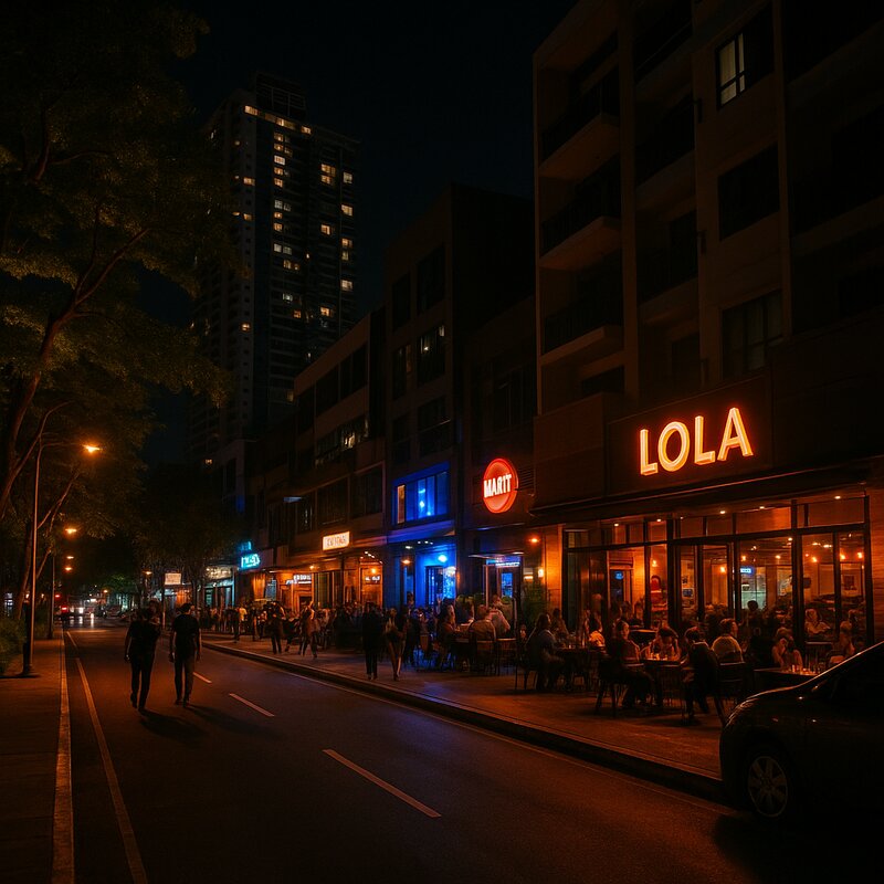 South Triangle at night with neon signs