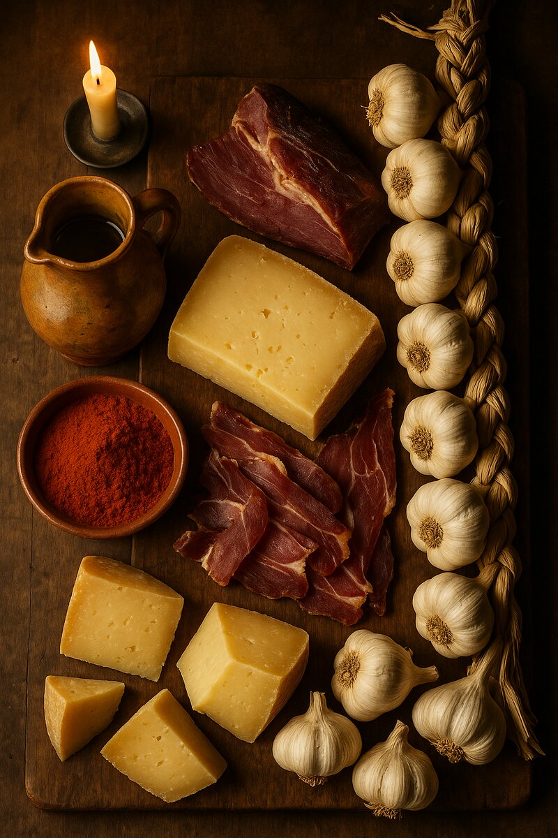 Spanish colonial-era ingredients including aged cheeses, cured jamón, and Spanish olive oil arranged on rustic wooden board