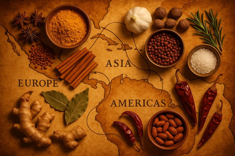 Artistic flat-lay showing trade routes with arranged ingredients from each region positioned geographically