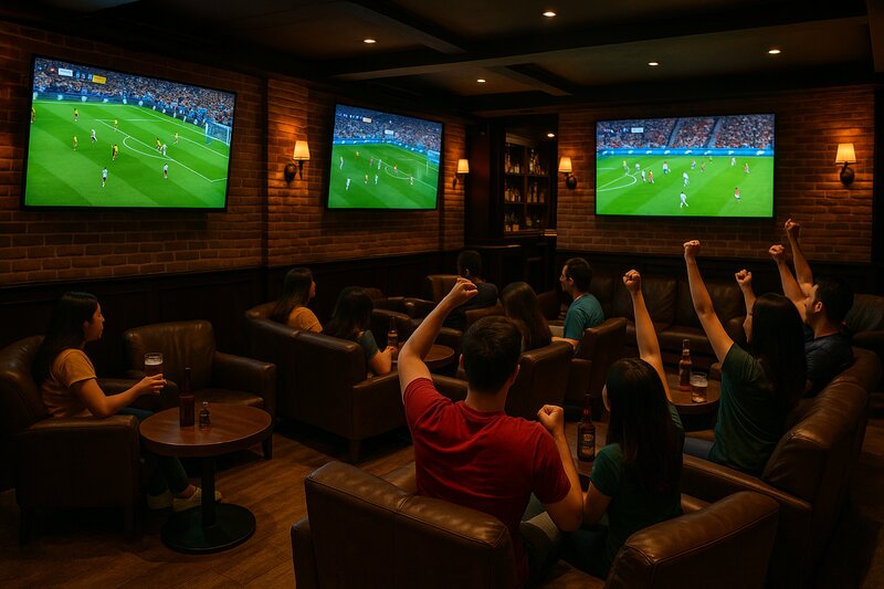 Comfortable lounge seating positioned for optimal viewing of multiple TV screens